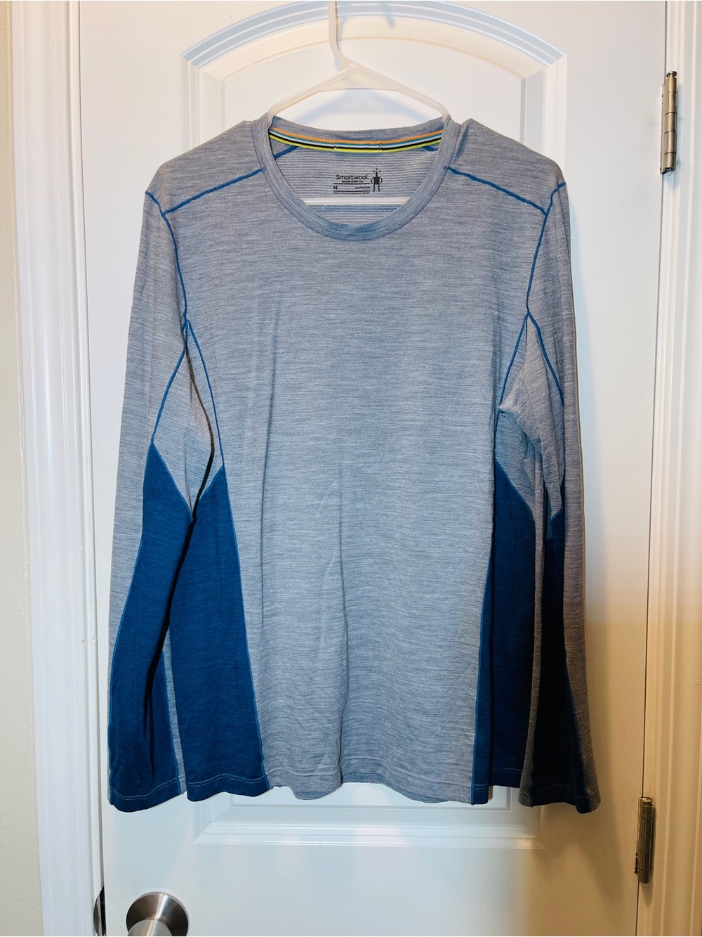 Smartwool Men's Long Sleeve Crew in Light Gray with Blue Panels